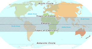 The region of Earth near the equator, below the tropic of Cancer in the northern hemisphere and above the tropic of Capricorn in the southern hemisphere.  This region has warmer ocean temperatures than other places around the globe.  Some whale species use the tropics for breeding and calving grounds.<BR><BR>